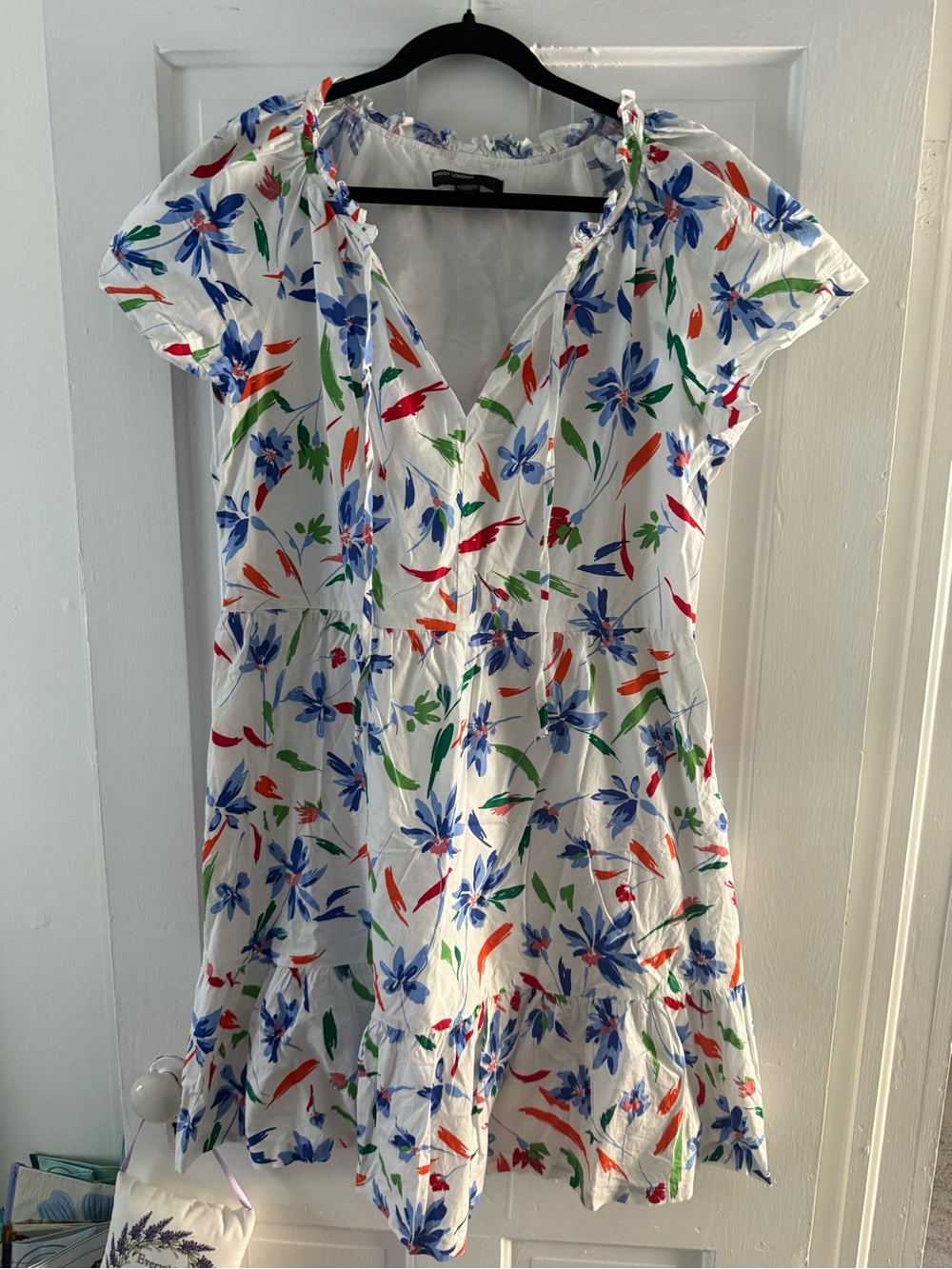 Maggy London White Floral V-Neck Dress with Blue, Green & Red Print